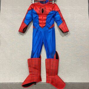 Kids Spiderman Costume Sizes M 7-8, L 10-12 Padded Bodysuit Gloves Fabric Mask